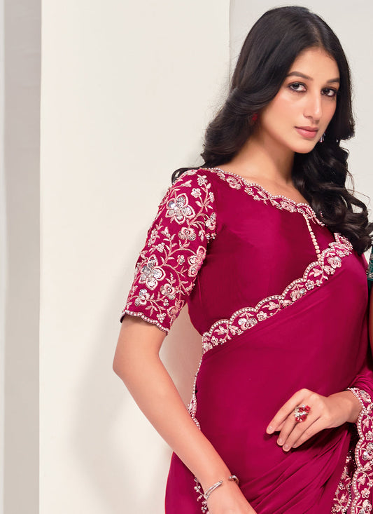 Rani Pink Embroidered Designer Saree