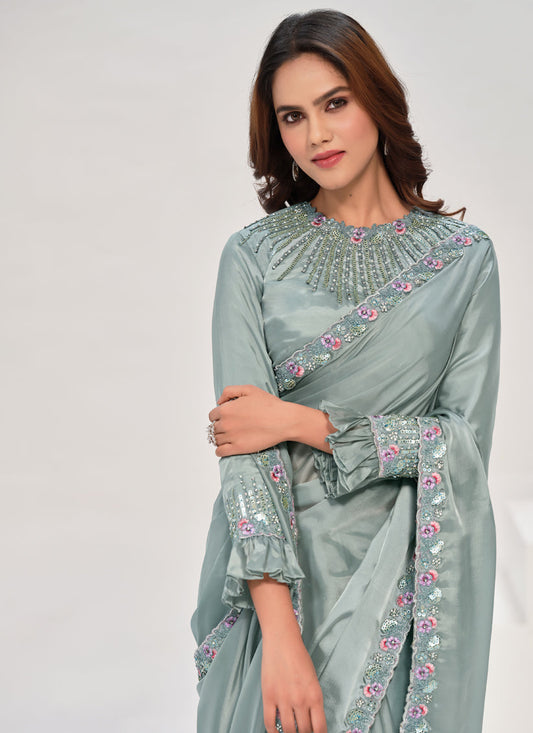 Sea Green Embroidered Designer Saree