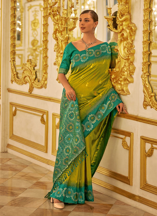 Lime Green Banarasi Silk Woven Saree
