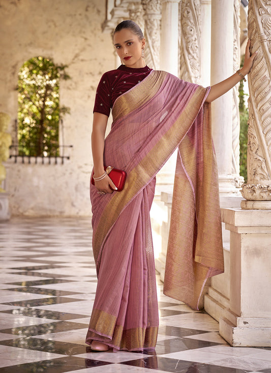 Carnation Pink Linen Woven Saree For Festival