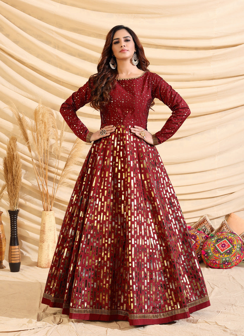 Maroon Taffeta Silk Party Wear Gown