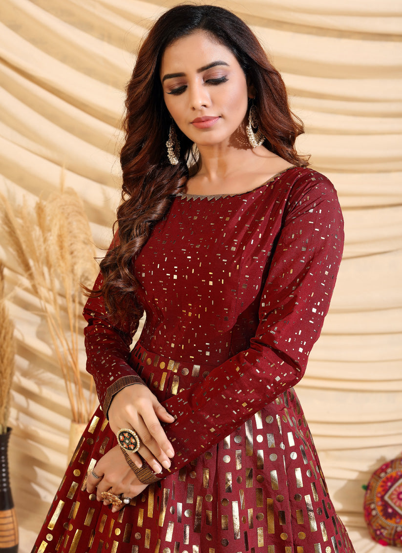 Maroon Taffeta Silk Party Wear Gown
