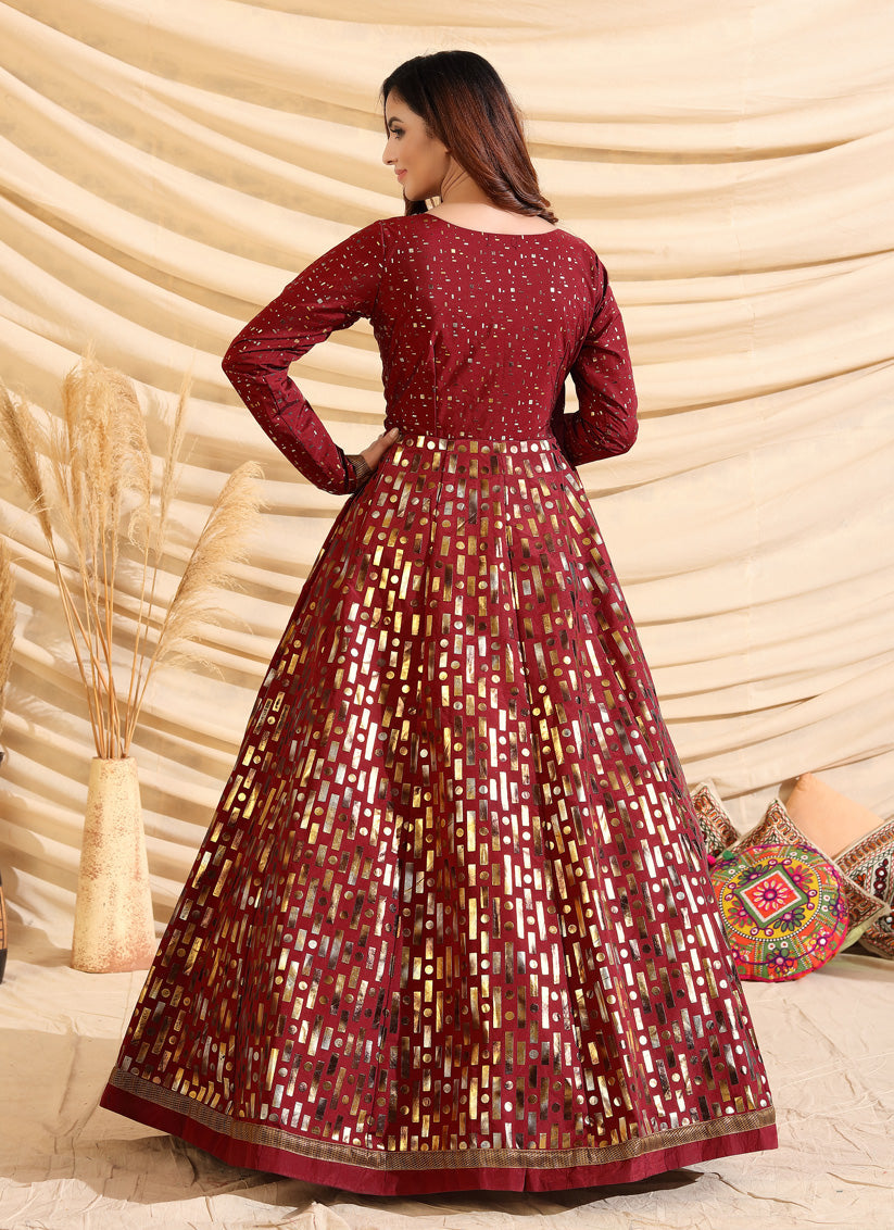 Maroon Taffeta Silk Party Wear Gown