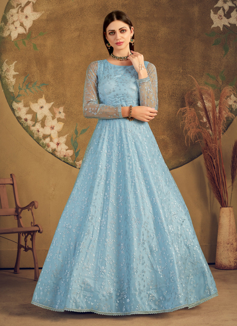 Breeze Blue Net Party Wear Gown