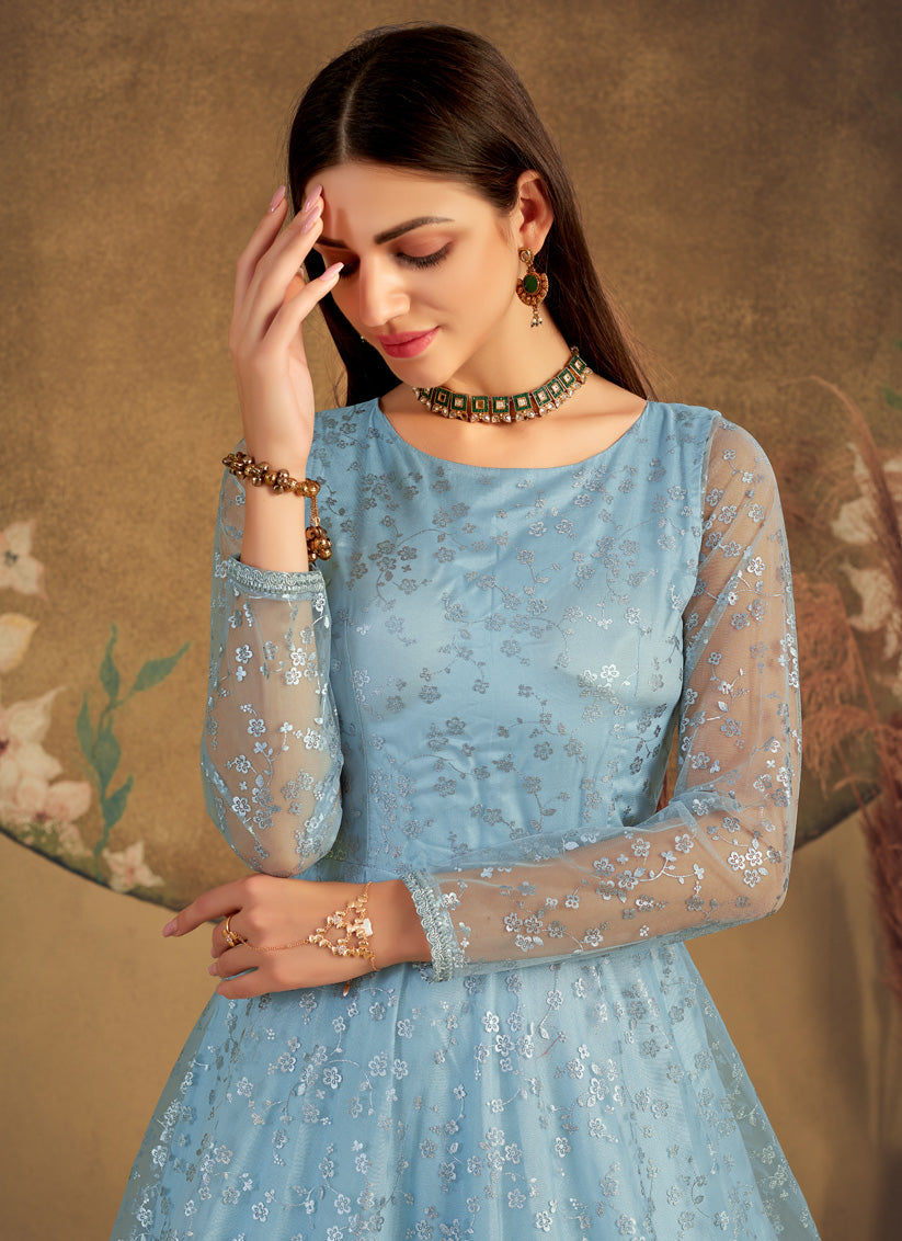 Breeze Blue Net Party Wear Gown