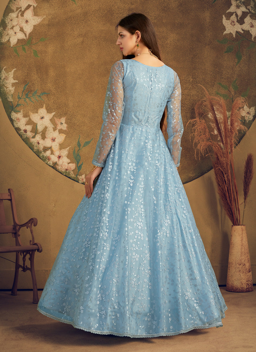 Breeze Blue Net Party Wear Gown