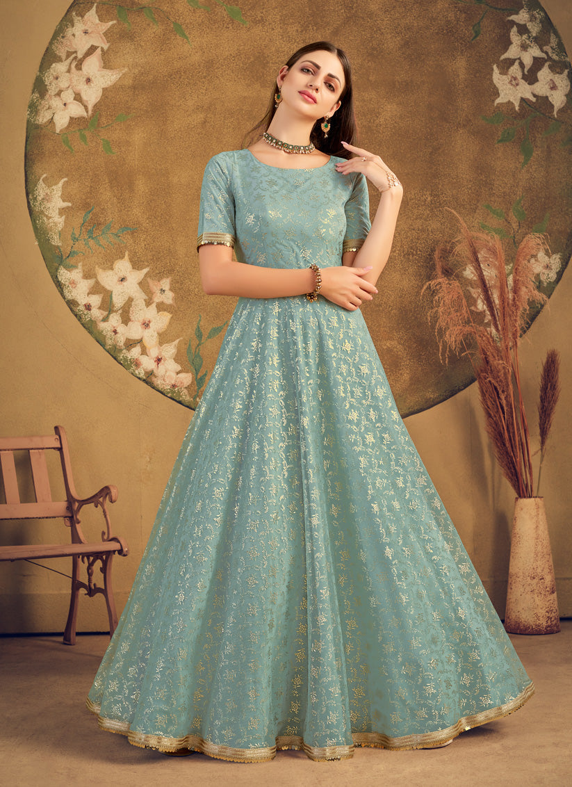 Mint Blue Net Party Wear Gown