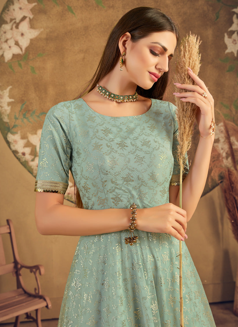 Mint Blue Net Party Wear Gown