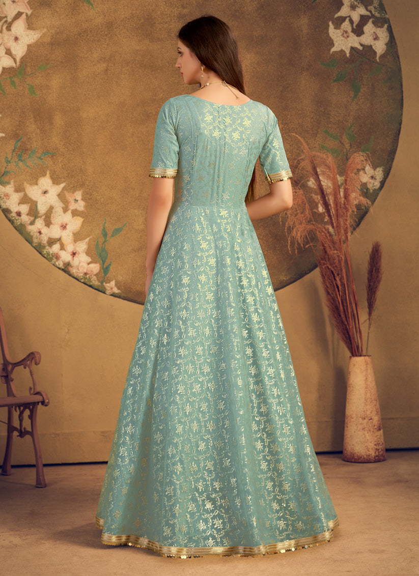 Mint Blue Net Party Wear Gown
