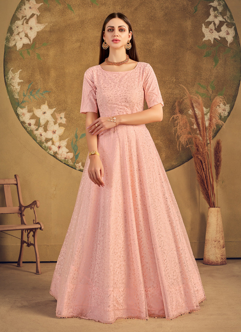 Blush Pink Net Party Wear Gown