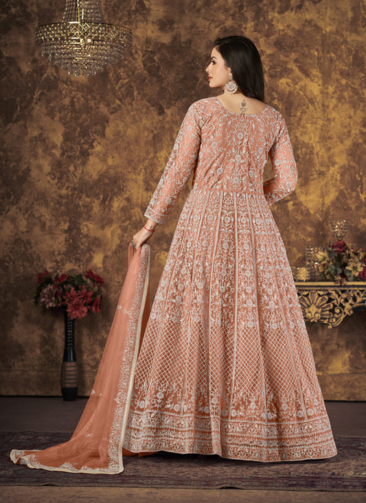 Salmon Orange Net Embroidered Anarkali Suit