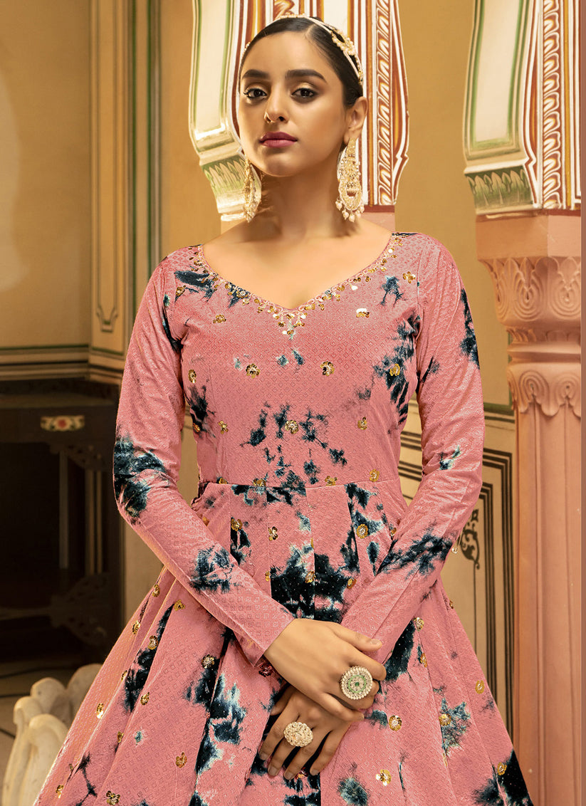 Glamorous Coral Pink Cotton Embroidered Gown