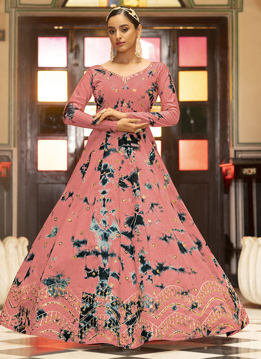 Glamorous Coral Pink Cotton Embroidered Gown
