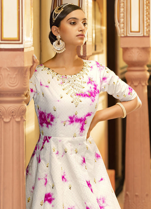 Charming Pearl White Cotton Embroidered Gown