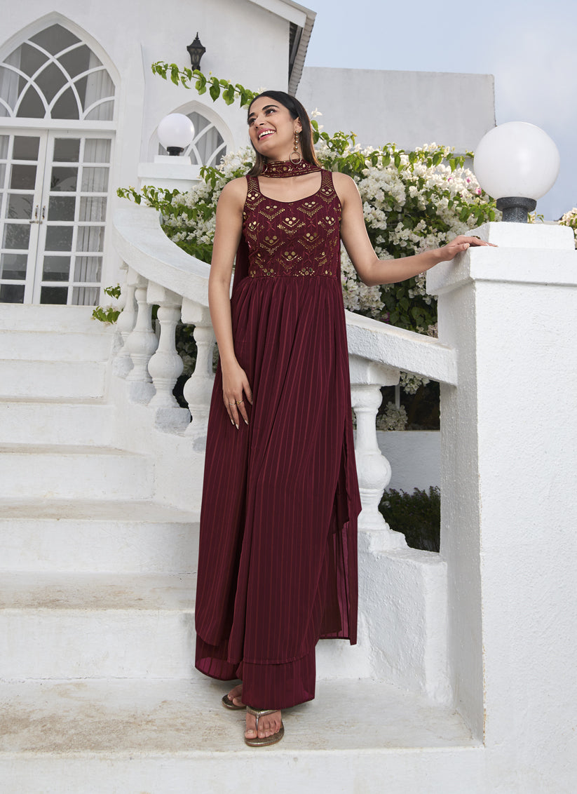 Delicate Maroon Georgette Embroidered Readymade Palazzo Kameez