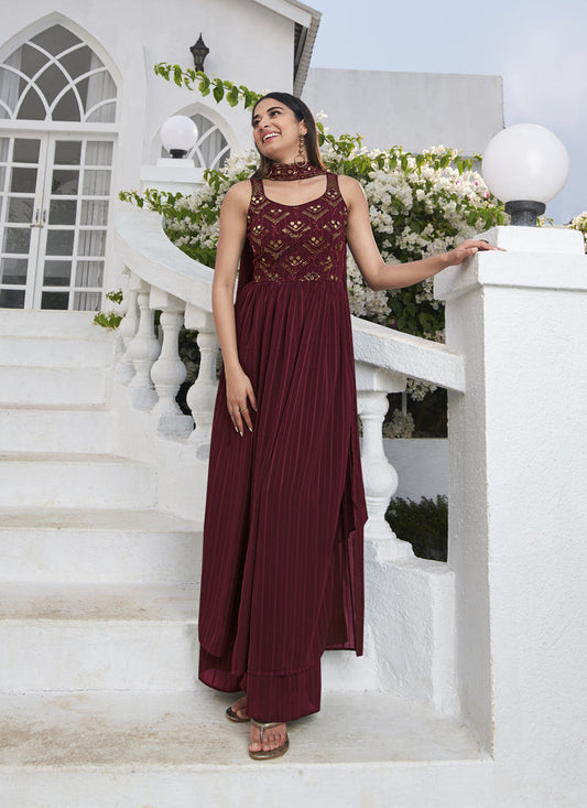 Delicate Maroon Georgette Embroidered Readymade Palazzo Kameez
