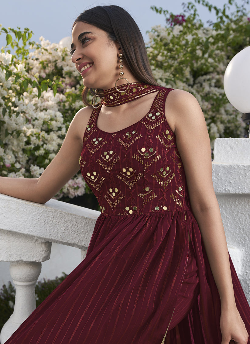 Delicate Maroon Georgette Embroidered Readymade Palazzo Kameez