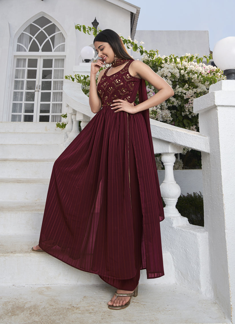 Delicate Maroon Georgette Embroidered Readymade Palazzo Kameez