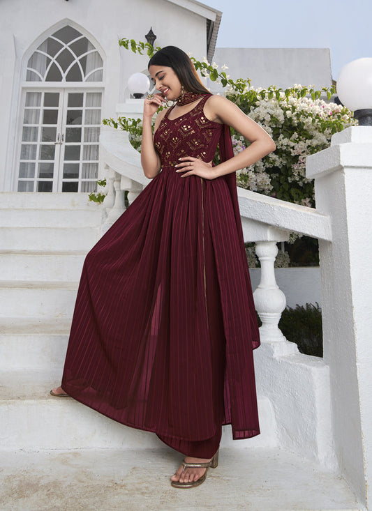 Delicate Maroon Georgette Embroidered Readymade Palazzo Kameez