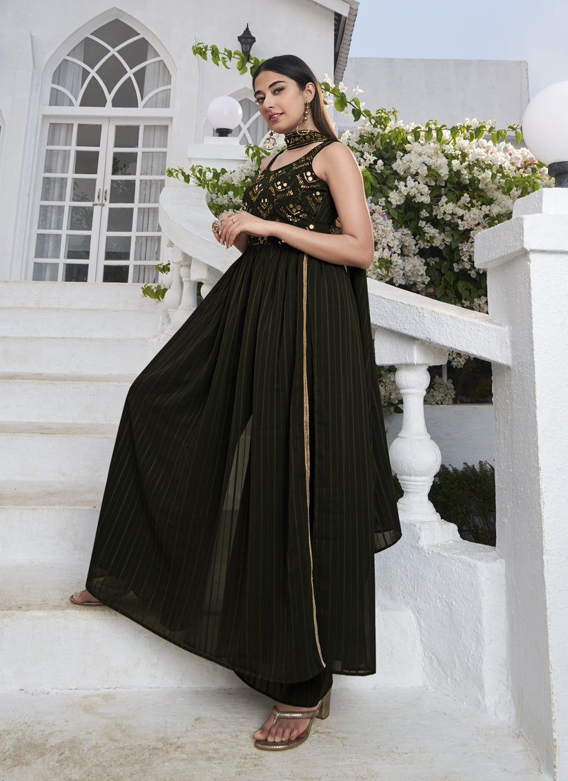 Attractive Olive Green Georgette Embroidered Readymade Palazzo Kameez