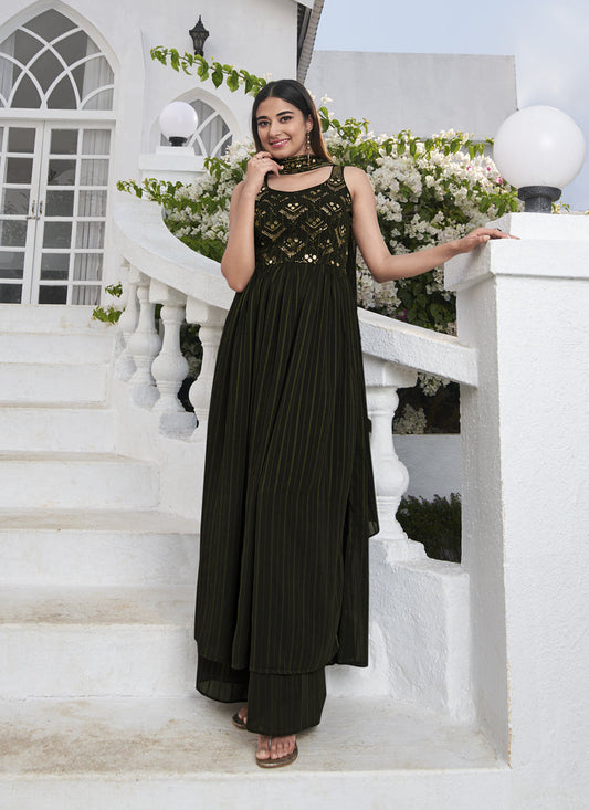 Attractive Olive Green Georgette Embroidered Readymade Palazzo Kameez