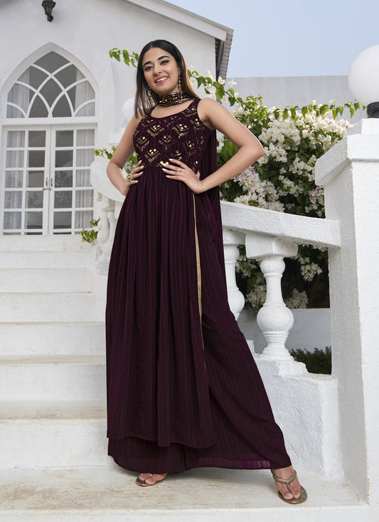 Immaculate Violet Georgette Embroidered Readymade Palazzo Kameez