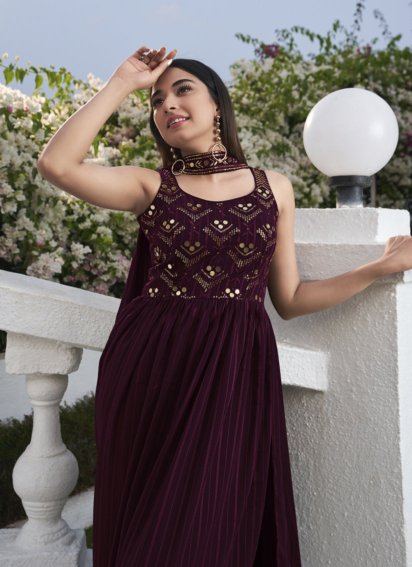 Immaculate Violet Georgette Embroidered Readymade Palazzo Kameez