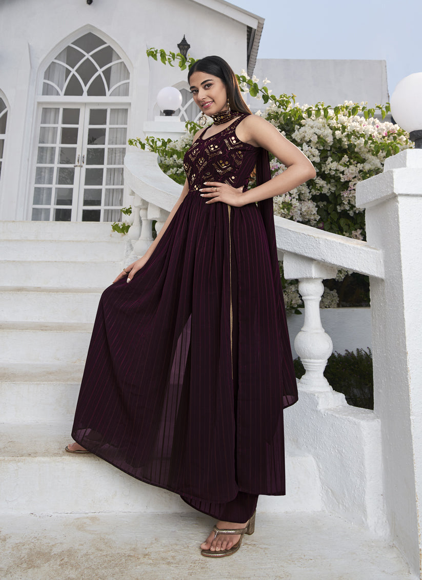 Immaculate Violet Georgette Embroidered Readymade Palazzo Kameez