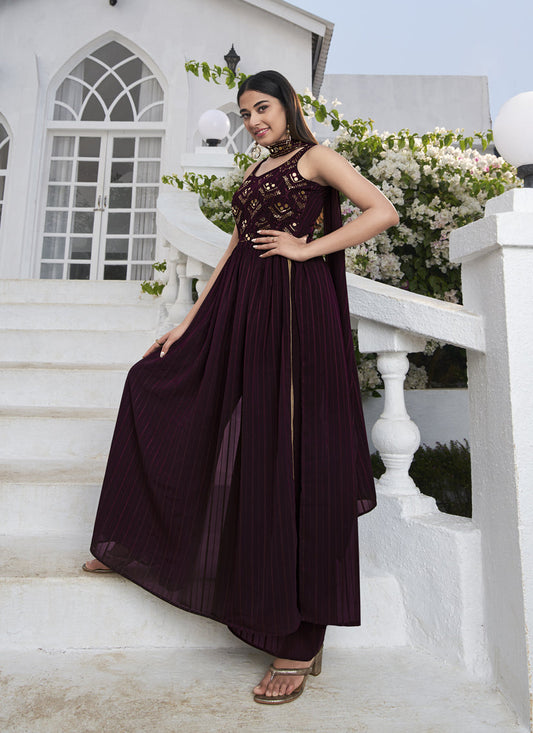 Immaculate Violet Georgette Embroidered Readymade Palazzo Kameez