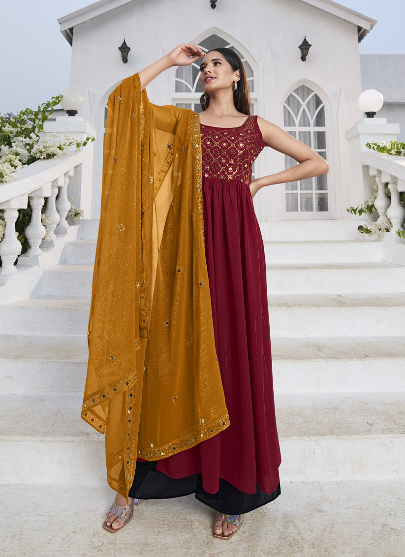 Dashing Red Georgette Embroidered Readymade Palazzo Kameez
