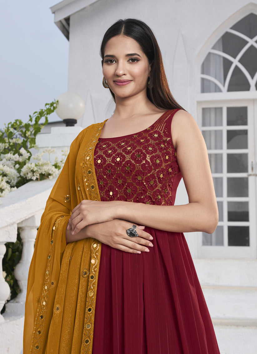 Dashing Red Georgette Embroidered Readymade Palazzo Kameez