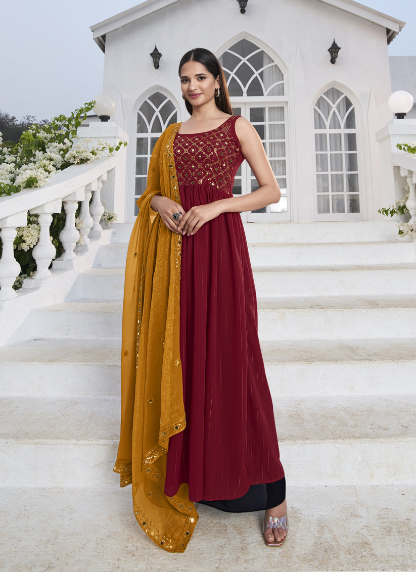 Dashing Red Georgette Embroidered Readymade Palazzo Kameez