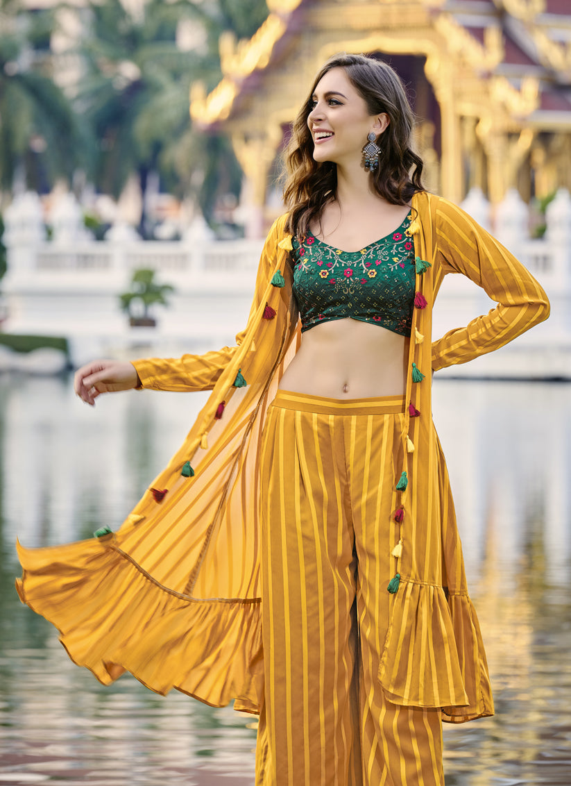 Bewitching Mustard Yellow Chinnon Designer Indowestern