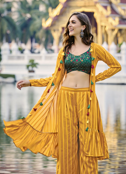 Bewitching Mustard Yellow Chinnon Designer Indowestern