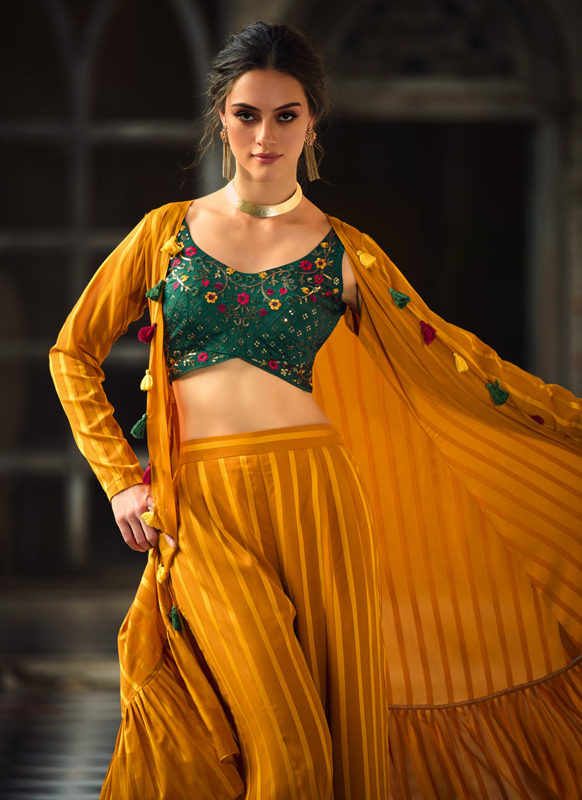 Bewitching Mustard Yellow Chinnon Designer Indowestern