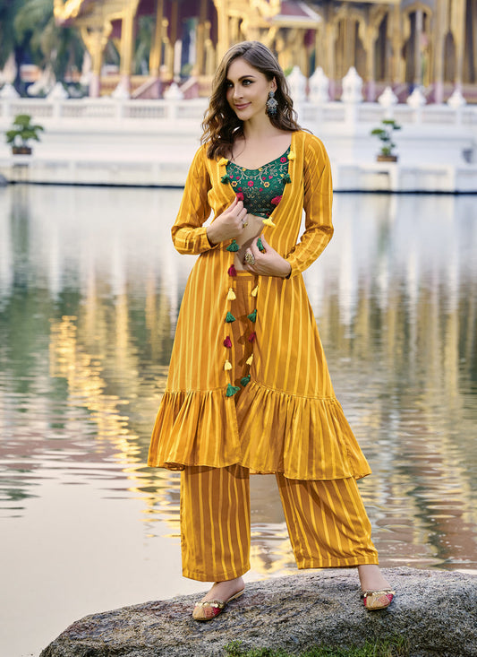 Bewitching Mustard Yellow Chinnon Designer Indowestern