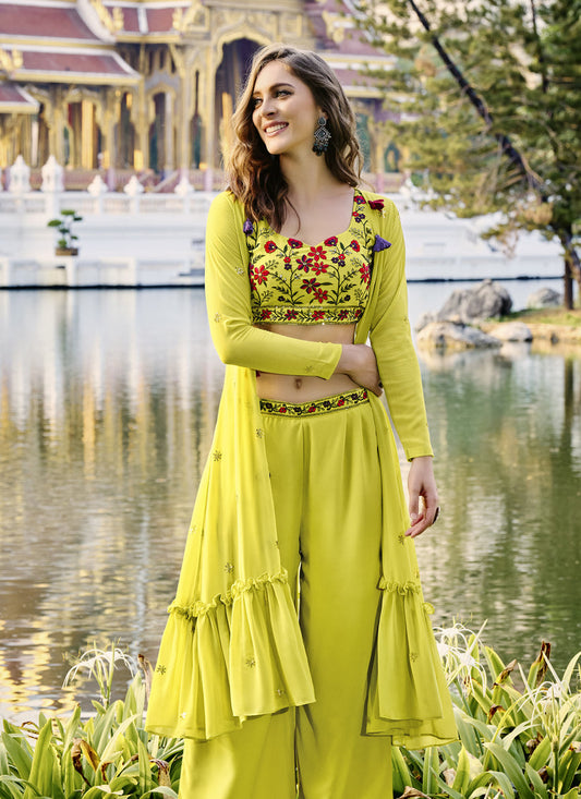 Alluring Lime Yellow Georgette Designer Indowestern
