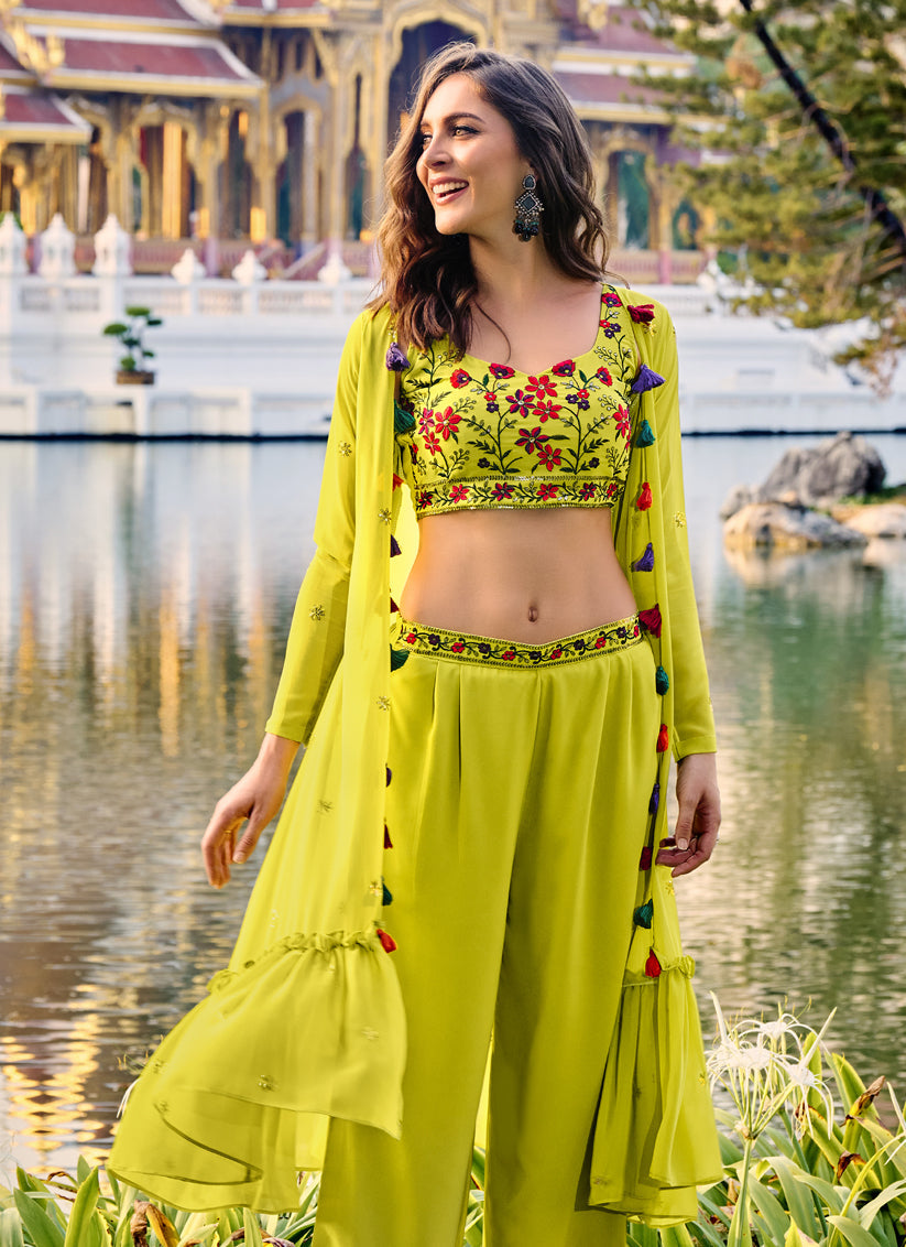 Alluring Lime Yellow Georgette Designer Indowestern