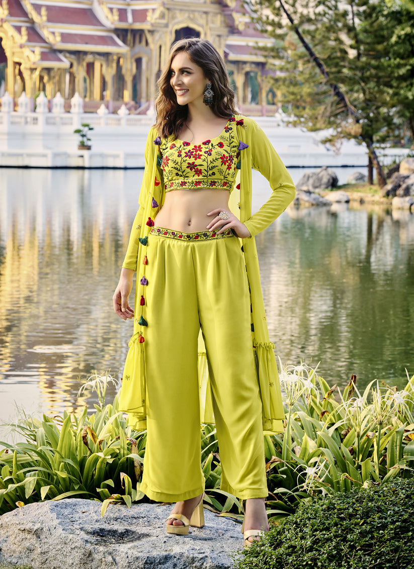 Alluring Lime Yellow Georgette Designer Indowestern