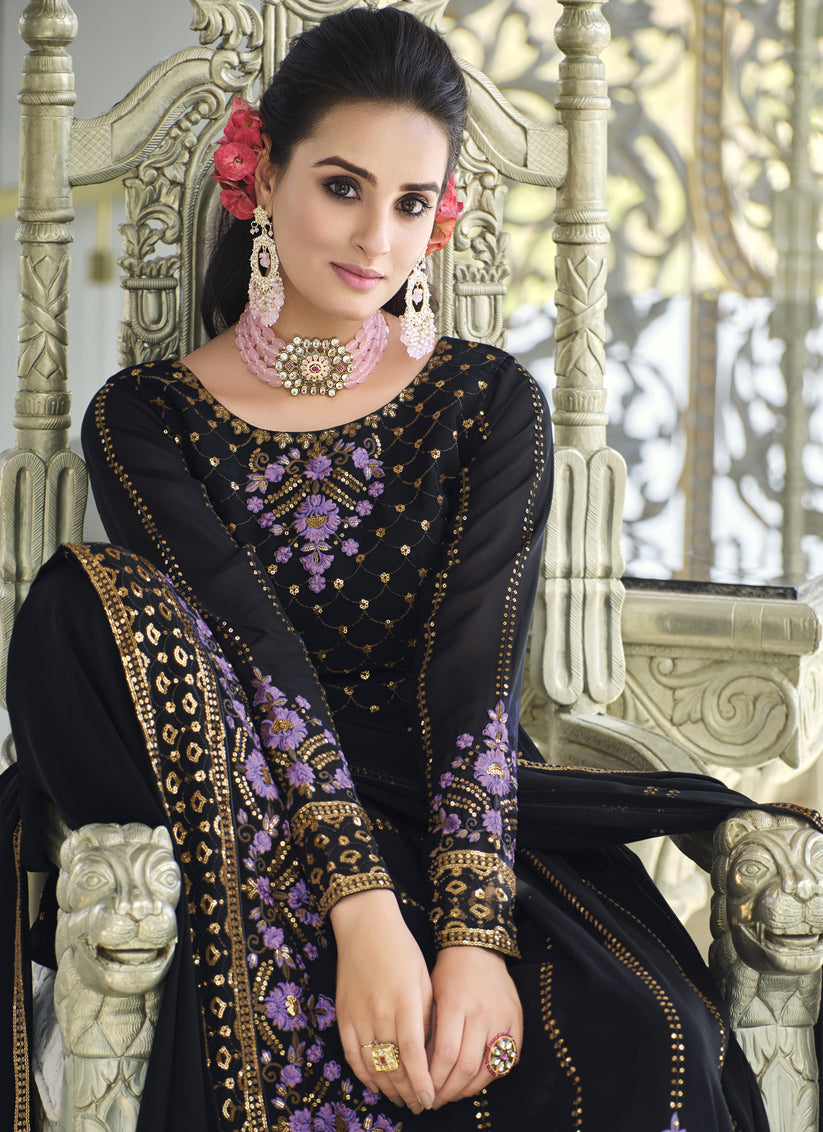 Midnight Blue Georgette Embroidered Readymade Palazzo Kameez