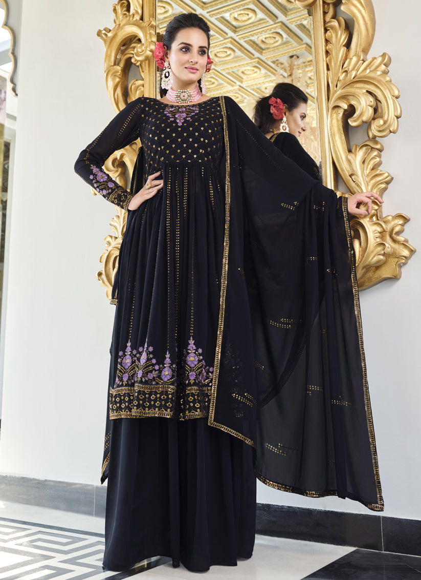 Midnight Blue Georgette Embroidered Readymade Palazzo Kameez
