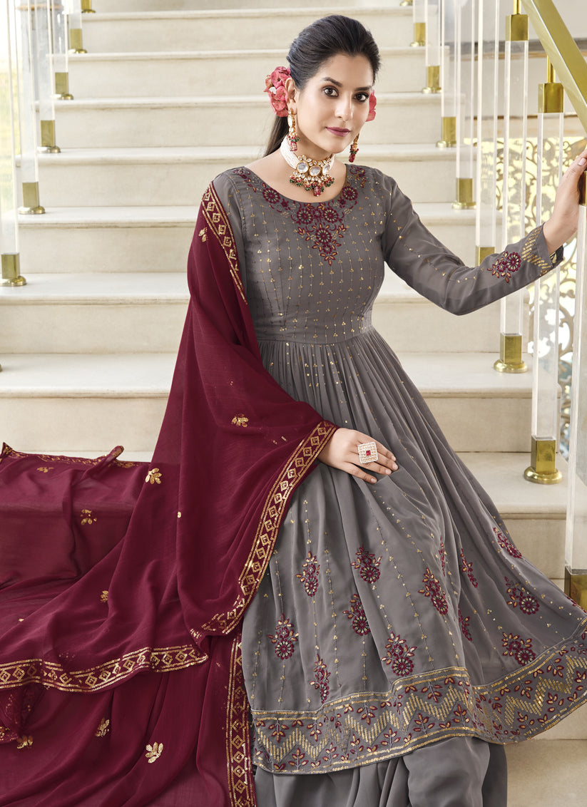 Dusty Grey Georgette Embroidered Readymade Palazzo Kameez