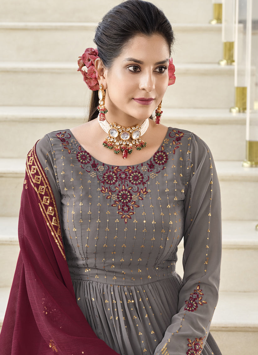 Dusty Grey Georgette Embroidered Readymade Palazzo Kameez