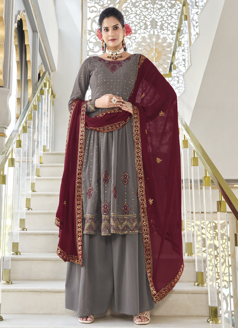Dusty Grey Georgette Embroidered Readymade Palazzo Kameez