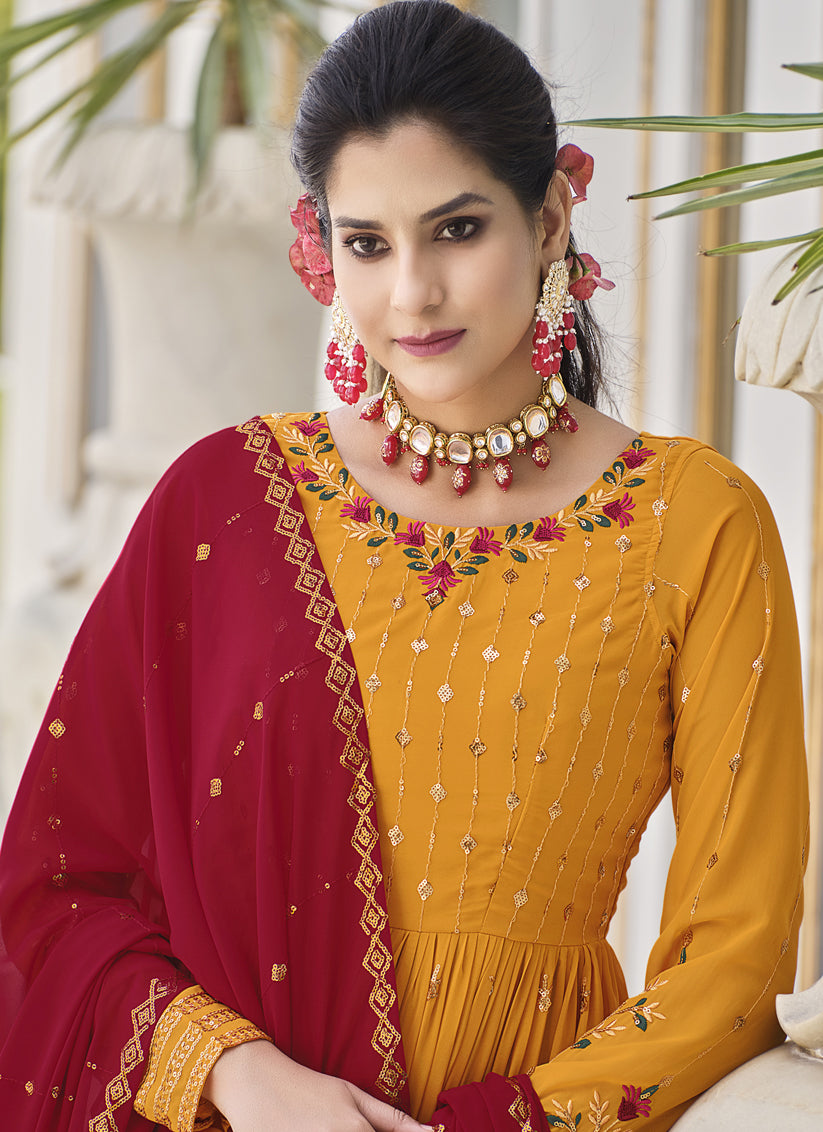 Golden Yellow Georgette Embroidered Readymade Palazzo Kameez
