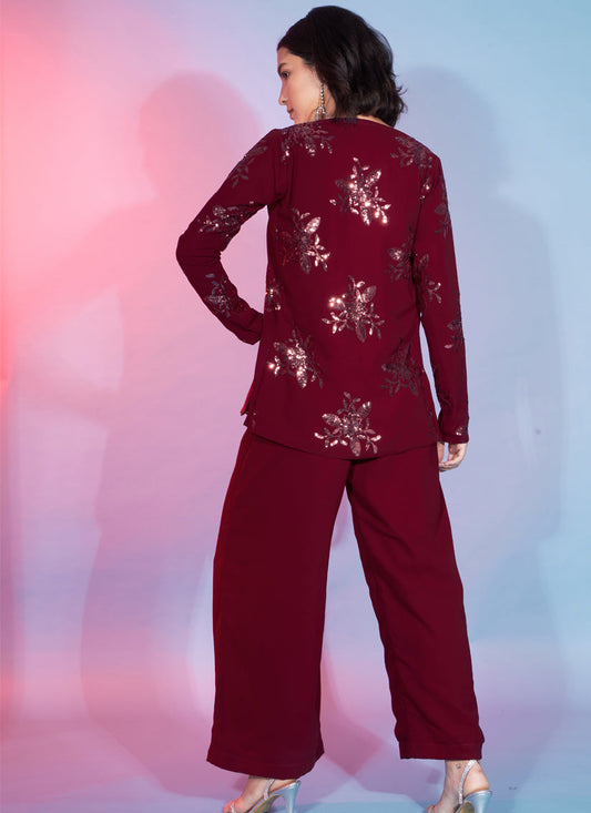 Red Georgette Sequence With Thread Crepe Co-Ord Set