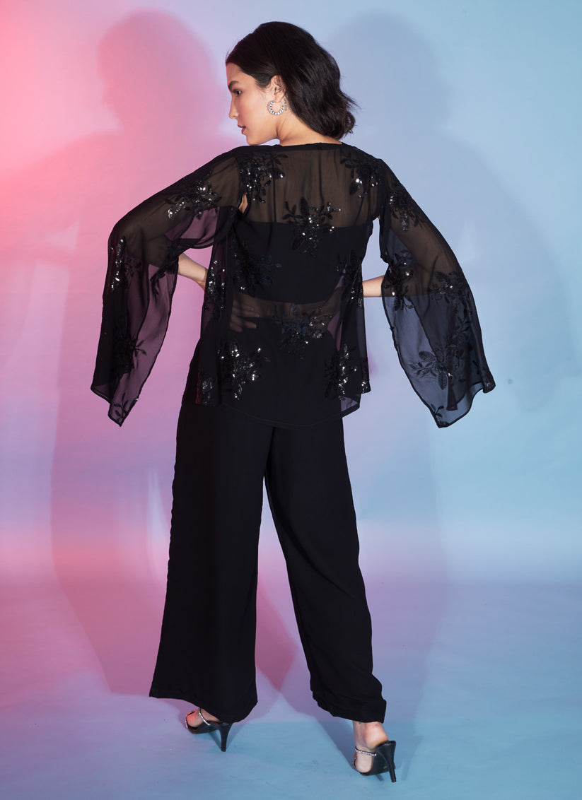 Black Georgette Sequence With Thread Crepe Co-Ord Set