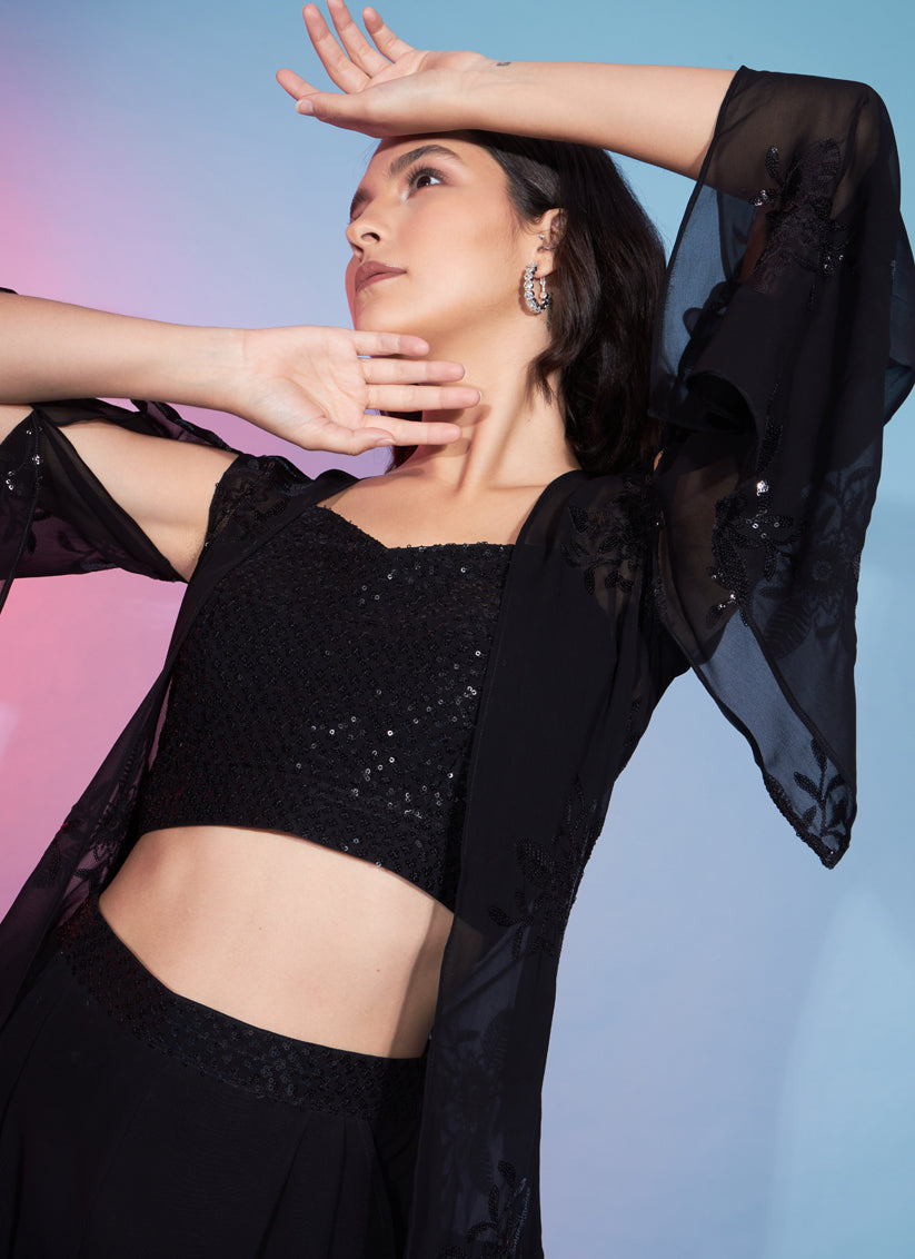 Black Georgette Sequence With Thread Crepe Co-Ord Set
