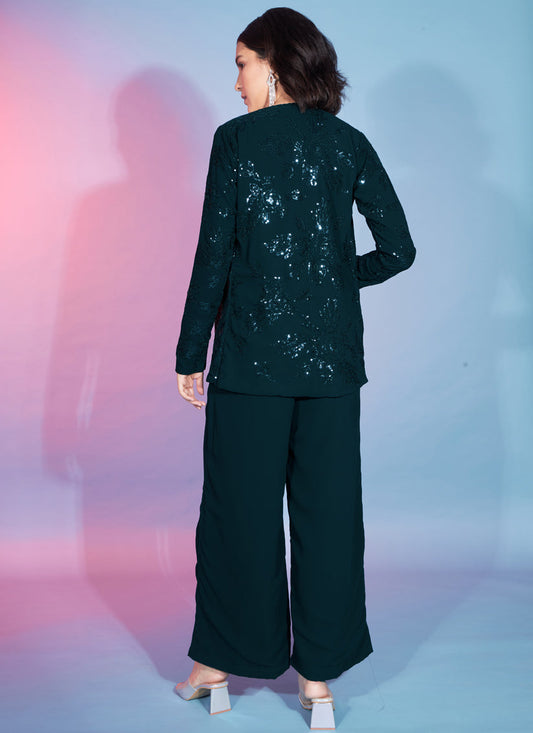 Green Georgette Sequence With Thread Crepe Co-Ord Set