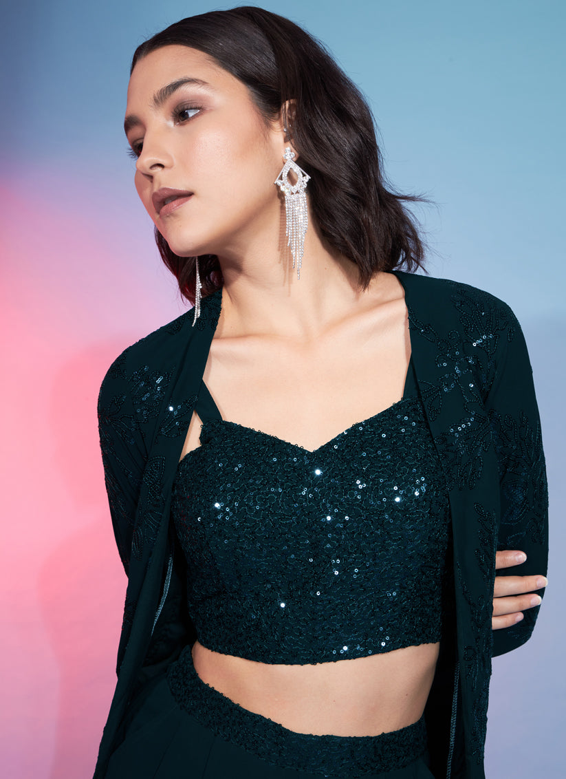 Green Georgette Sequence With Thread Crepe Co-Ord Set